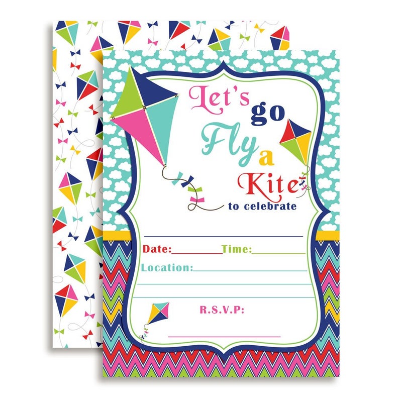 Amanda Creation Kite Flying Birthday Party Fill In Invitations set of 20 Cards and Envelopes. - Image 1